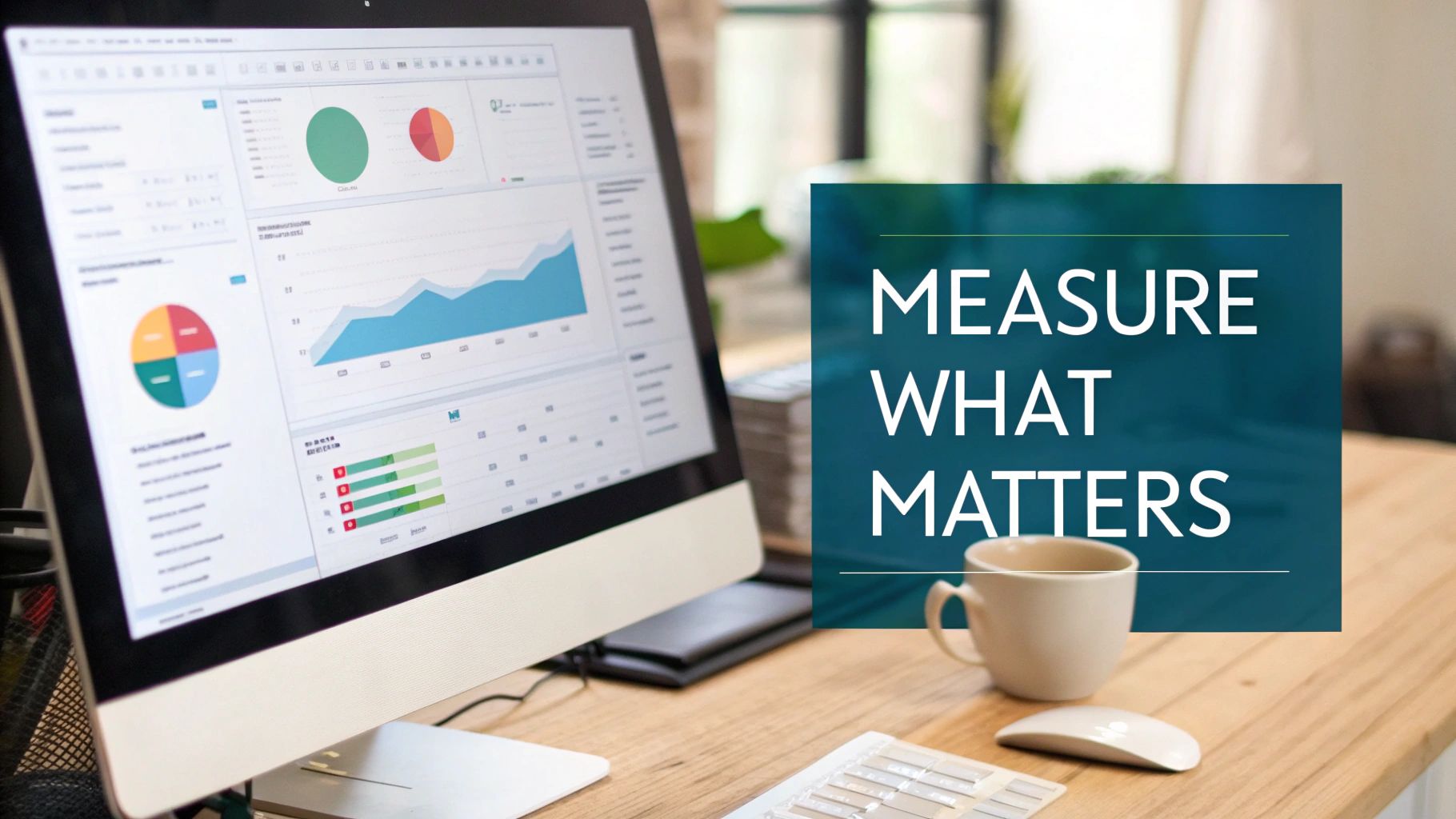 A computer monitor displays business analytics dashboards with charts on a wooden desk. Text: 'Measure What Matters'.