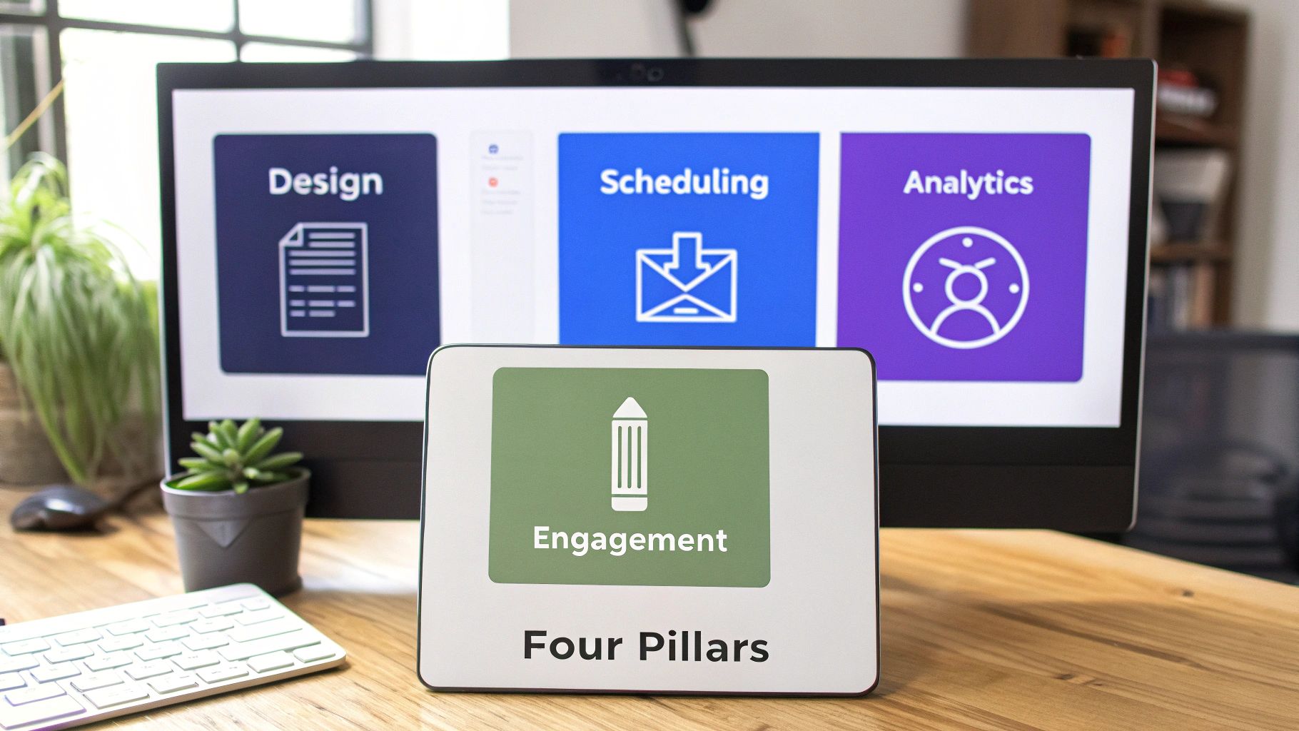A creator's desk with four quadrants representing design, scheduling, analytics, and community engagement.
