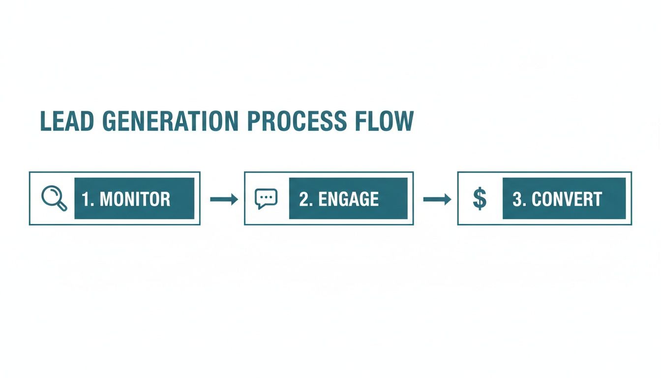 A lead generation process flow diagram showing three steps: 1. Monitor, 2. Engage, and 3. Convert.