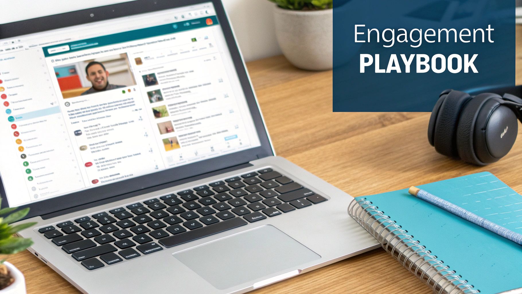 A person working on a laptop with social media icons floating around, representing tracking engagement metrics