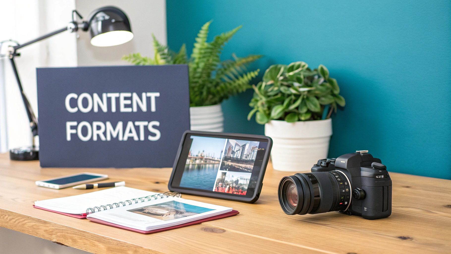 A desk setup with a sign 'CONTENT FORMATS', a camera, tablet, notebook, and phone for content creation.