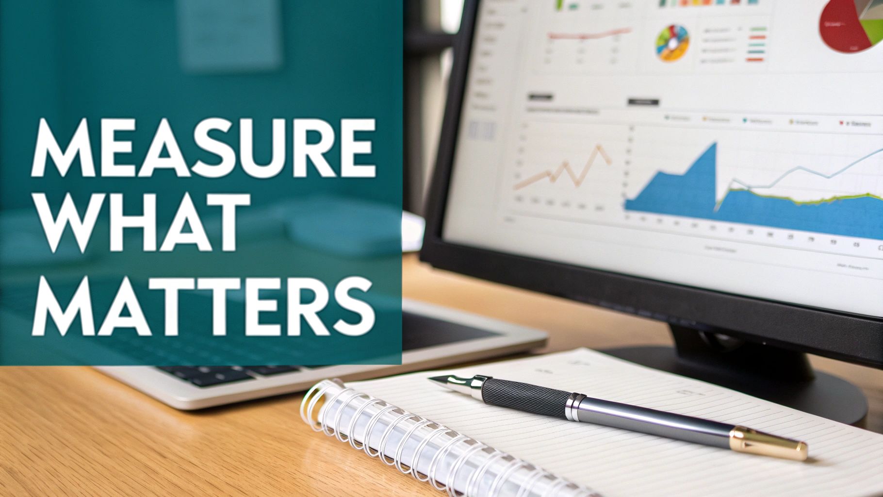 A desk setup with a monitor displaying data charts, a laptop, and a notebook, next to the text 'MEASURE WHAT MATTERS'.