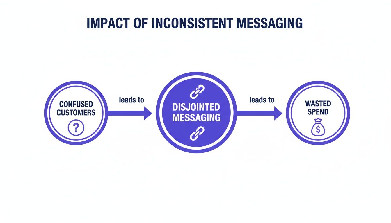 Flowchart illustrating the negative impact of inconsistent messaging, leading to confused customers, disjointed communication, and wasted spend.