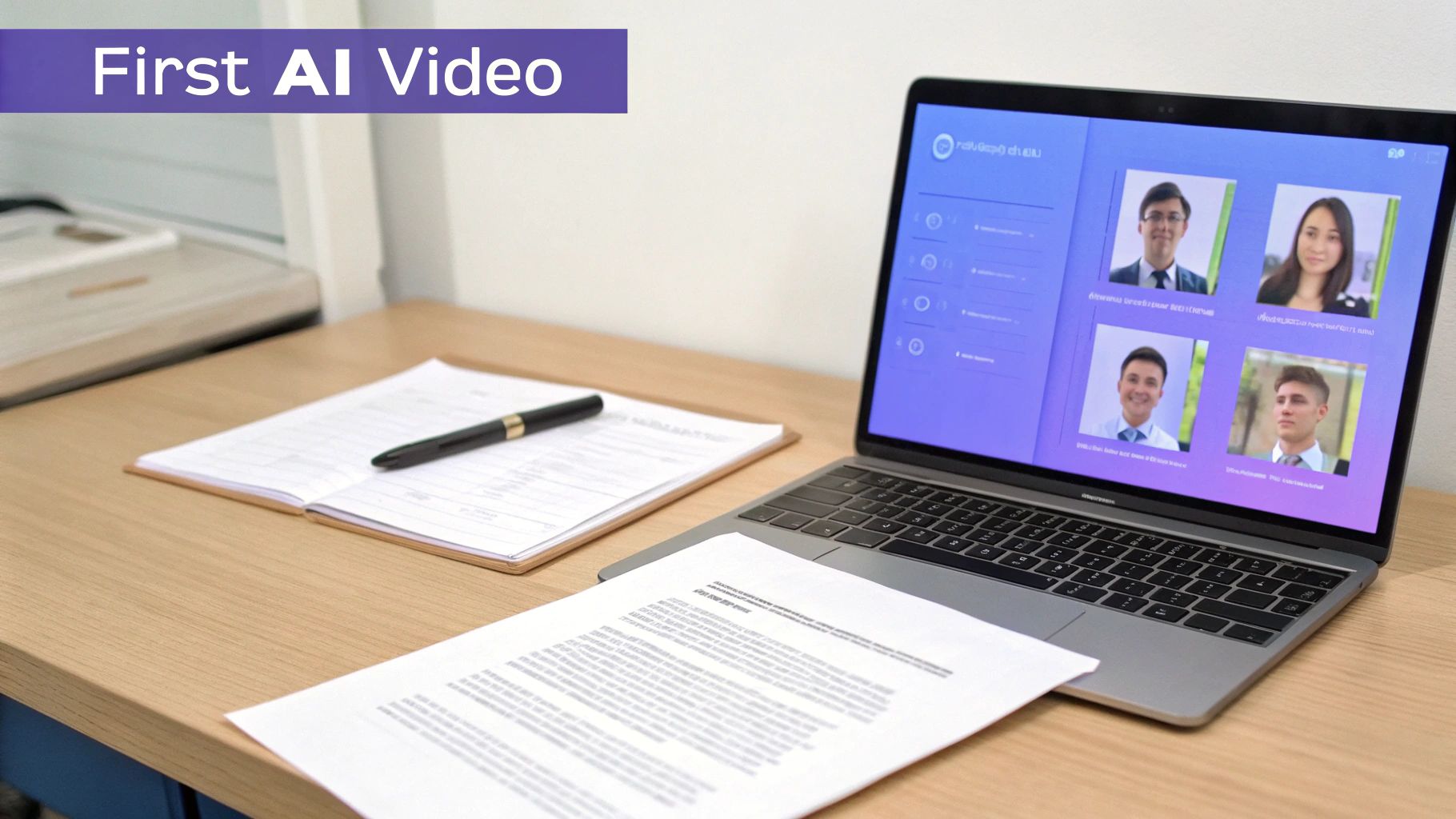 A designer at a desk using a software interface to assemble an AI avatar video, with a timeline and media assets visible.