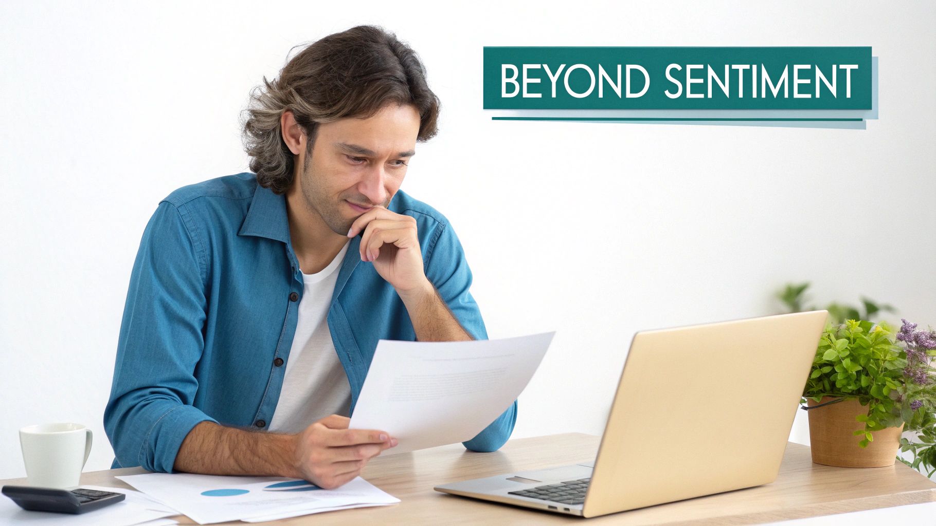 A focused man at a desk reviewing documents with a laptop and text 'BEYOND SENTIMENT'.