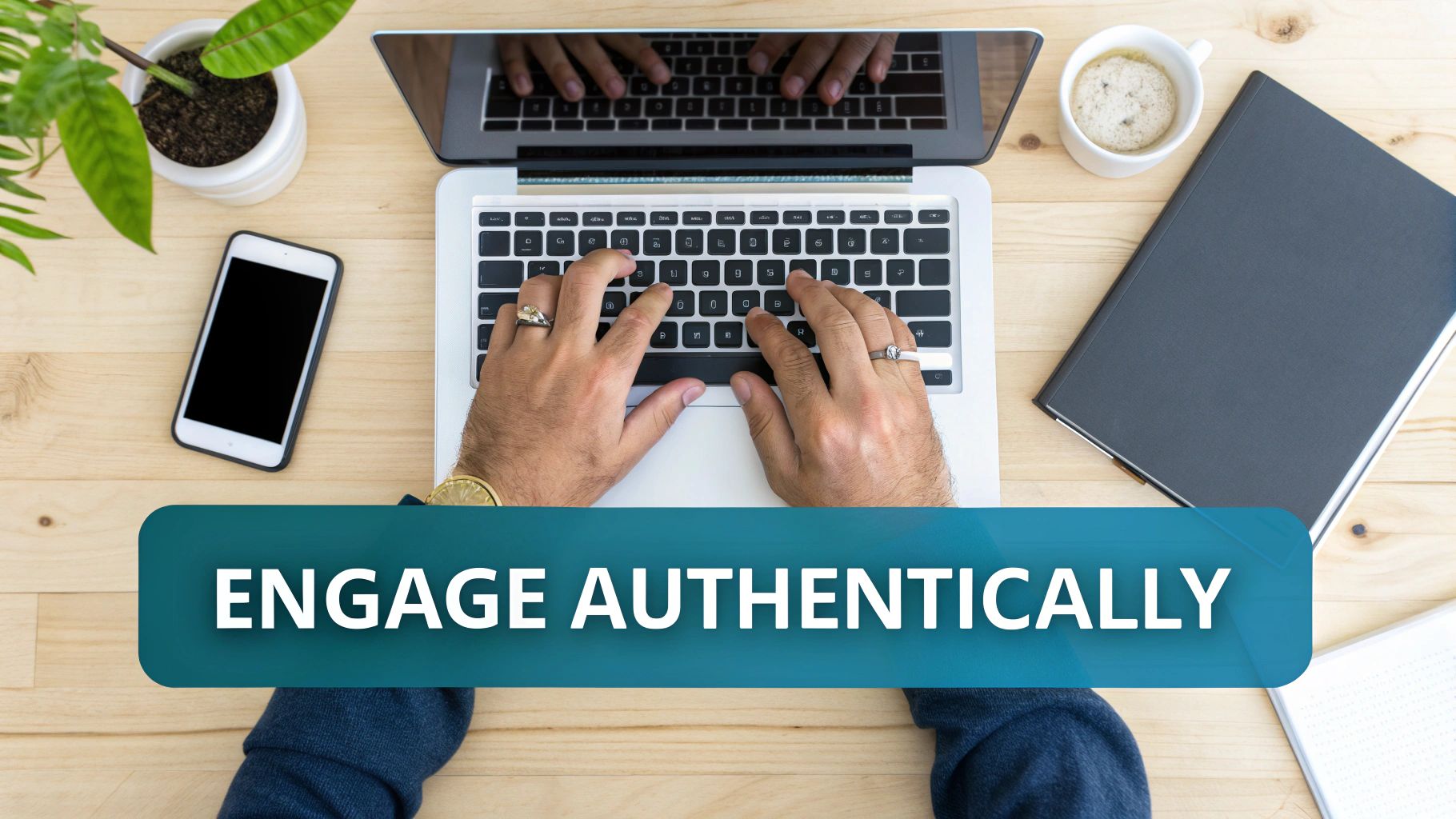Hands typing on a laptop, phone, coffee, and plant on a wooden desk. Text: ENGAGE AUTHENTICALLY.