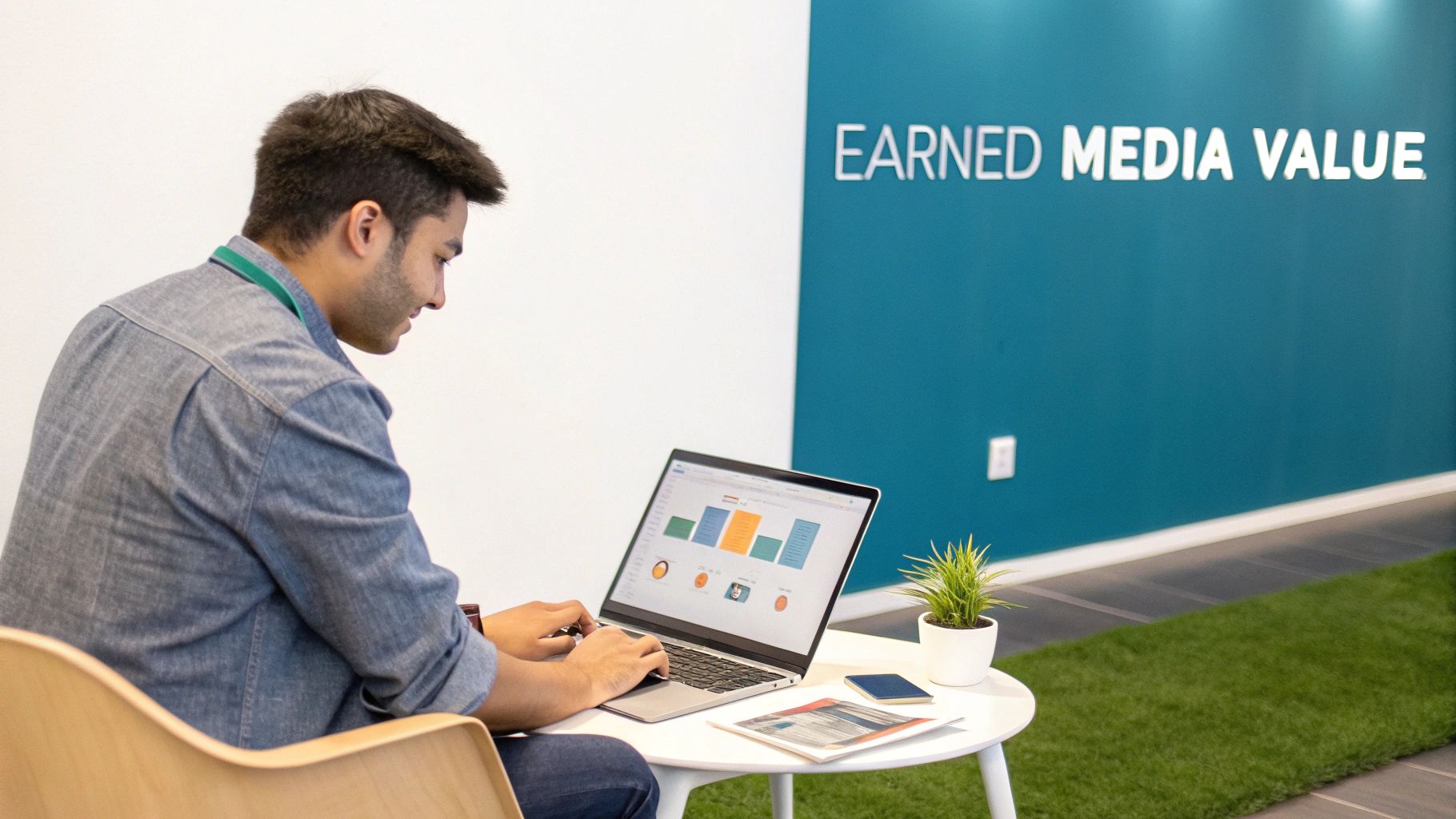 A person pointing to a chart showing upward trends in media value