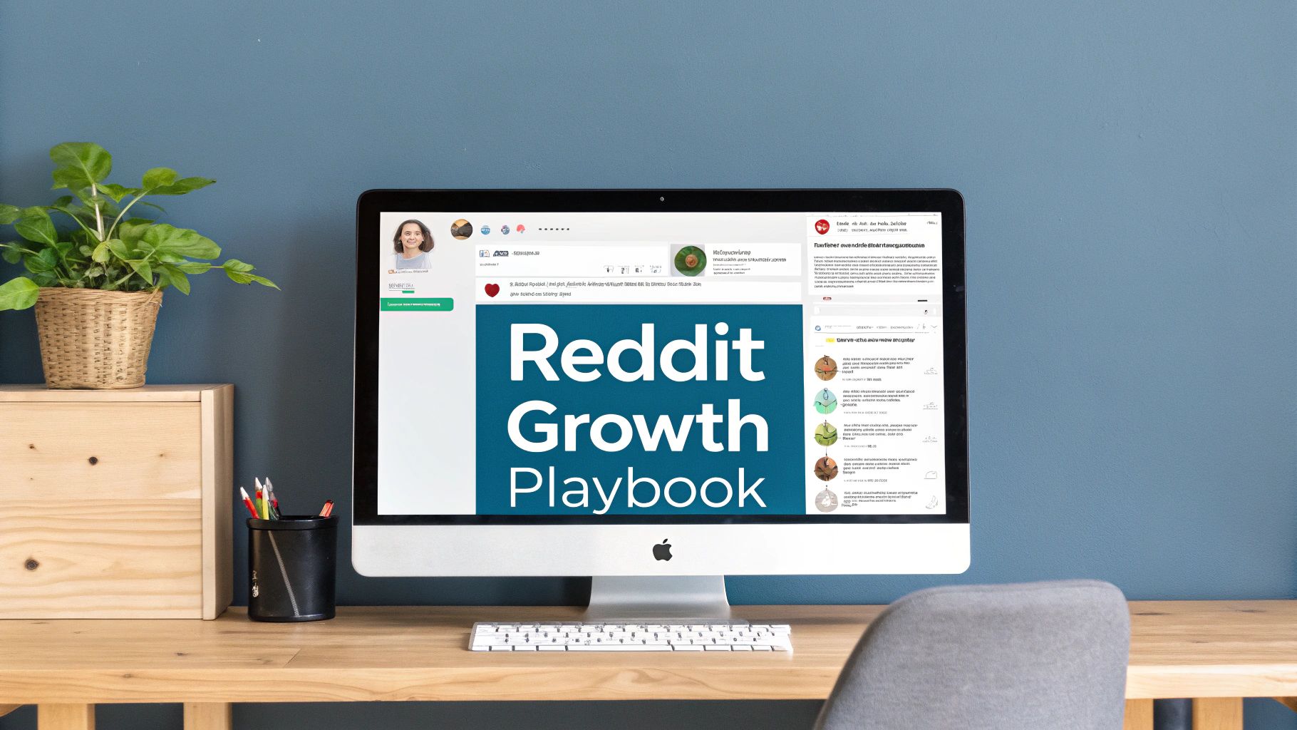 A desktop computer screen prominently displays a 'Reddit Growth Playbook' document on a wooden desk.