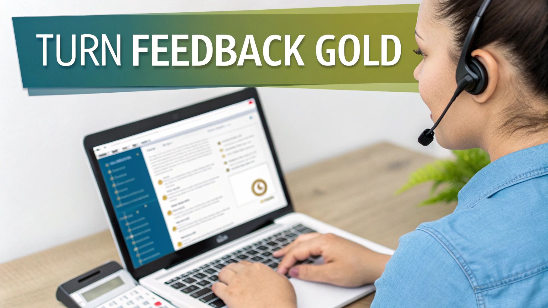A woman in a headset types on a laptop, managing feedback to turn it into valuable insights.