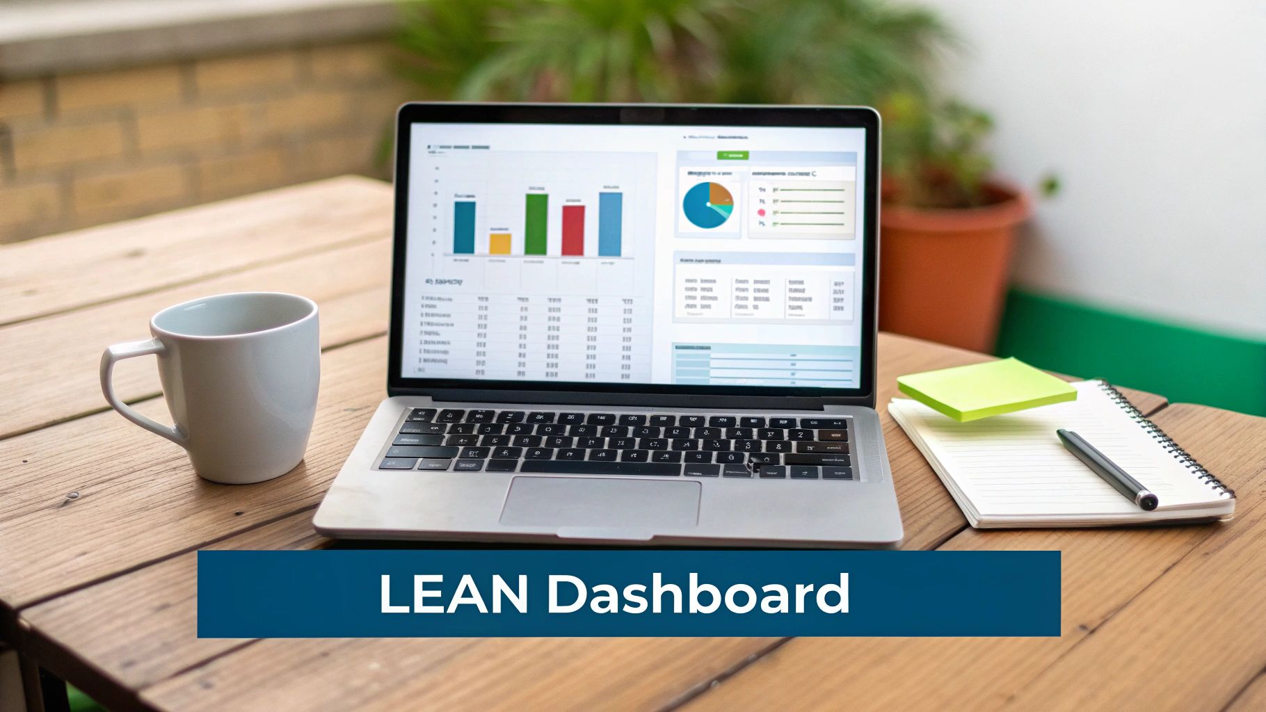 Laptop on a wooden desk displaying a colorful LEAN dashboard with charts and data, alongside a mug and notebook.