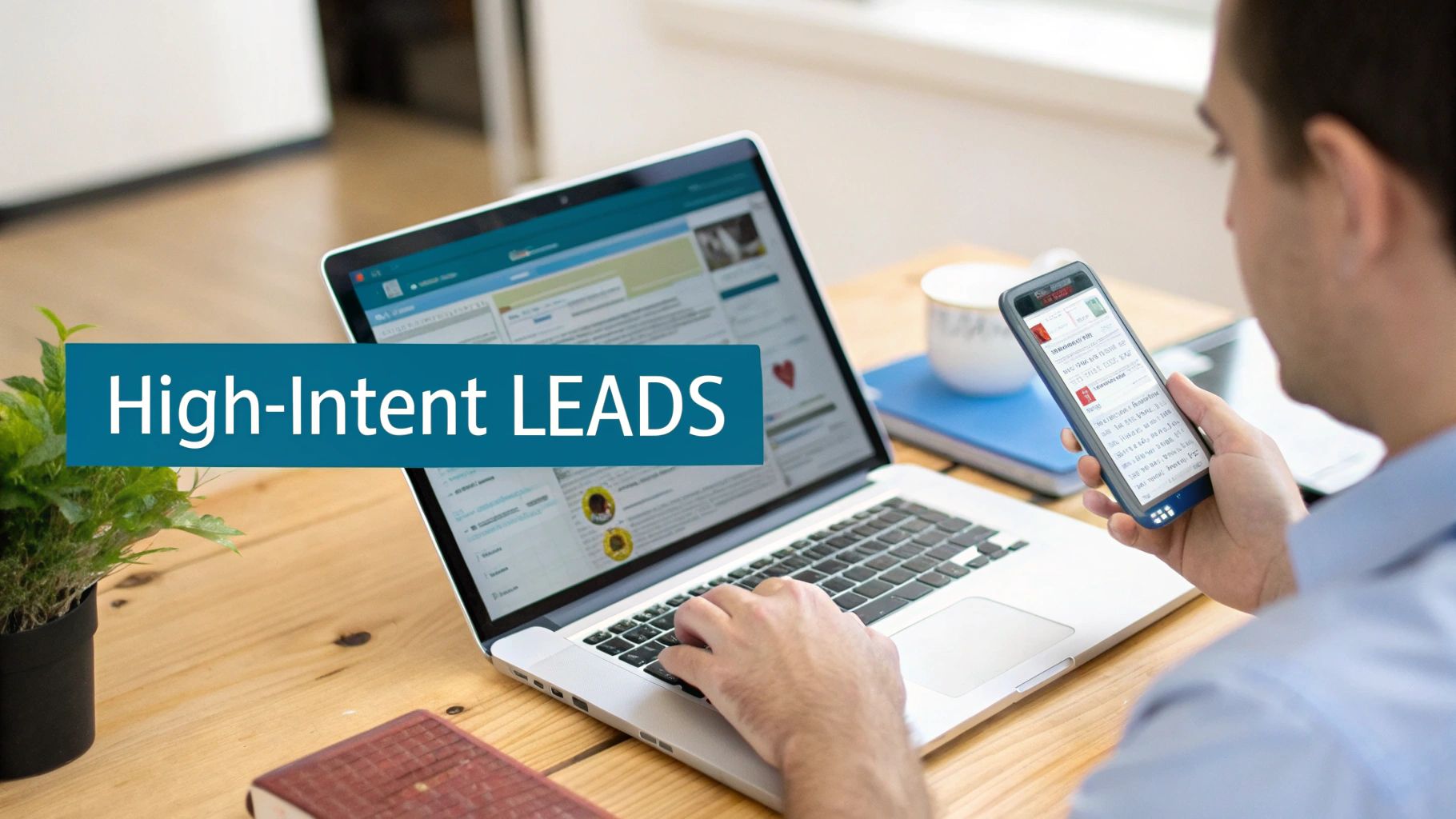Man working on a laptop and smartphone, with 'High-Intent LEADS' text overlay, on a wooden desk.