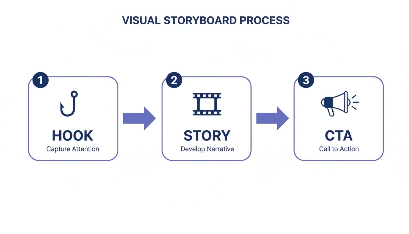 Visual storyboard process flowchart illustrating steps: Hook (capture attention), Story (develop narrative), and CTA (call to action).