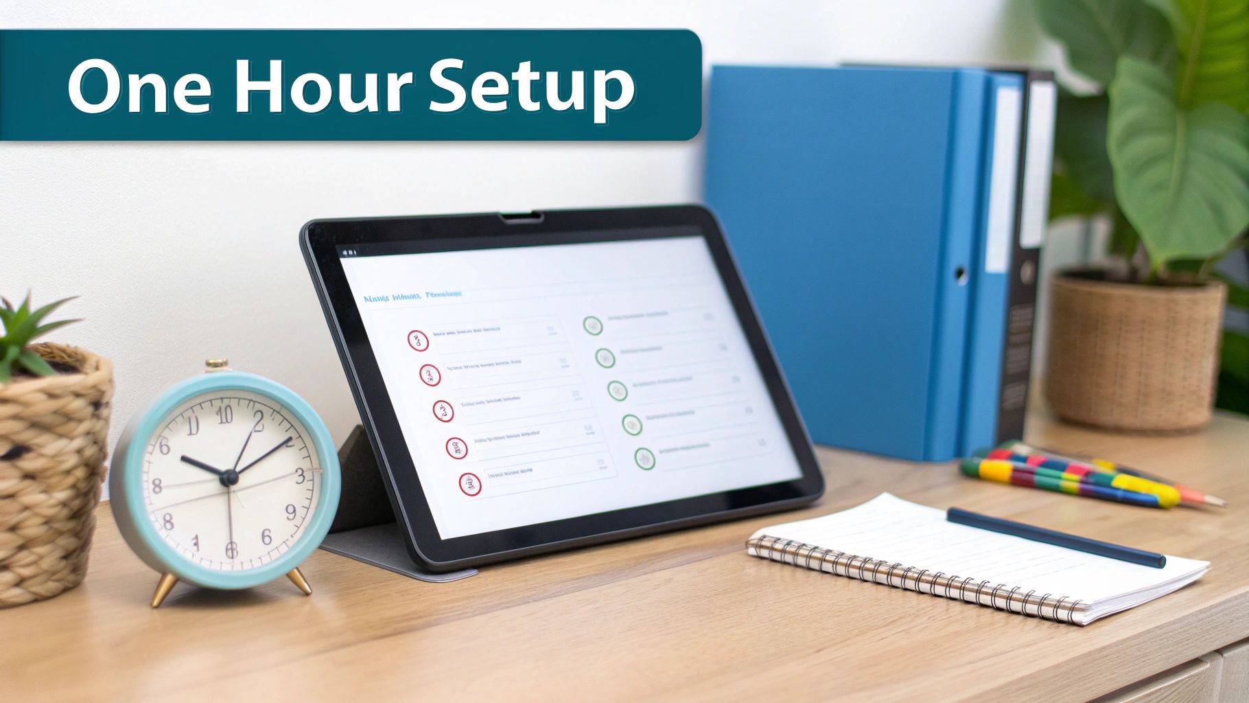 A clean desk setup with a tablet displaying a task list, an alarm clock, and a notebook.