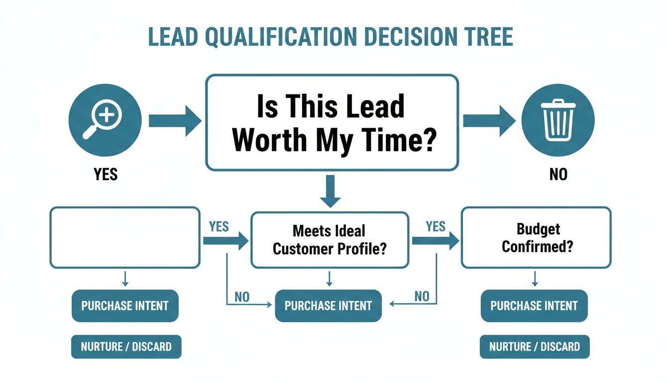 A lead qualification decision tree flowchart asking if a lead is worth time, meets ideal profile, and has a confirmed budget.