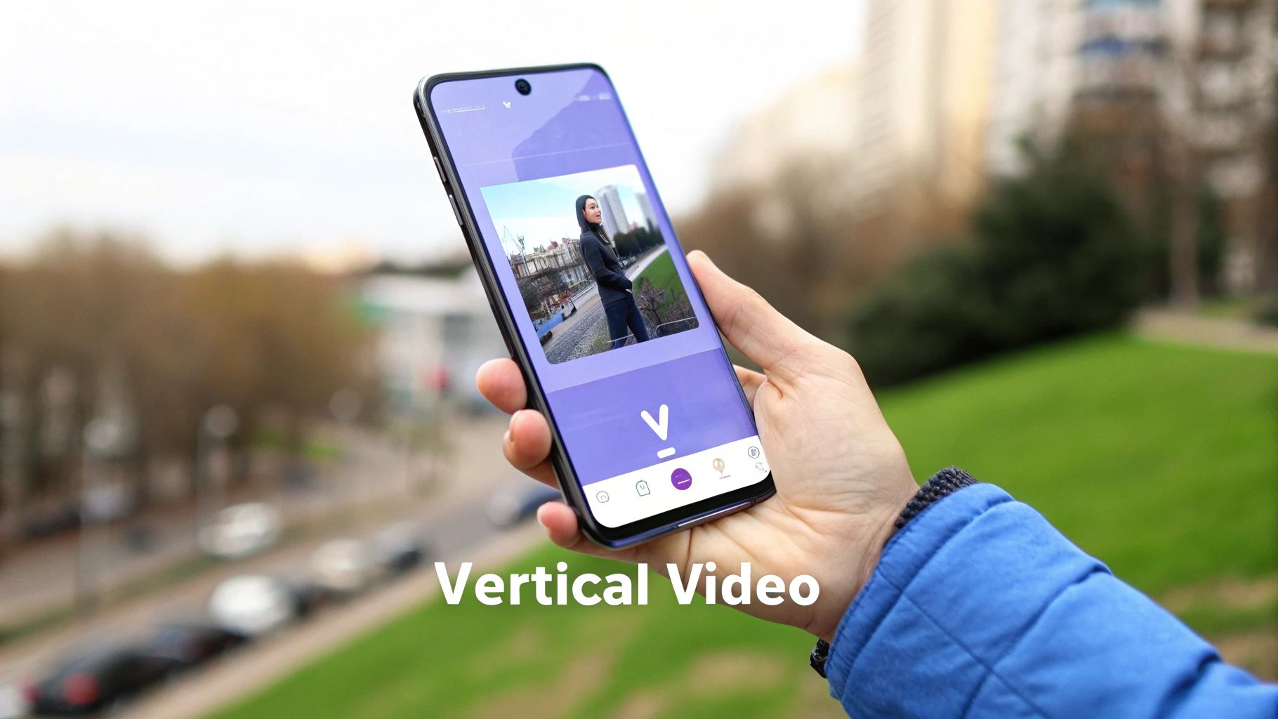 A hand holding a vertical smartphone displaying a video editing app with a woman's video outdoors.