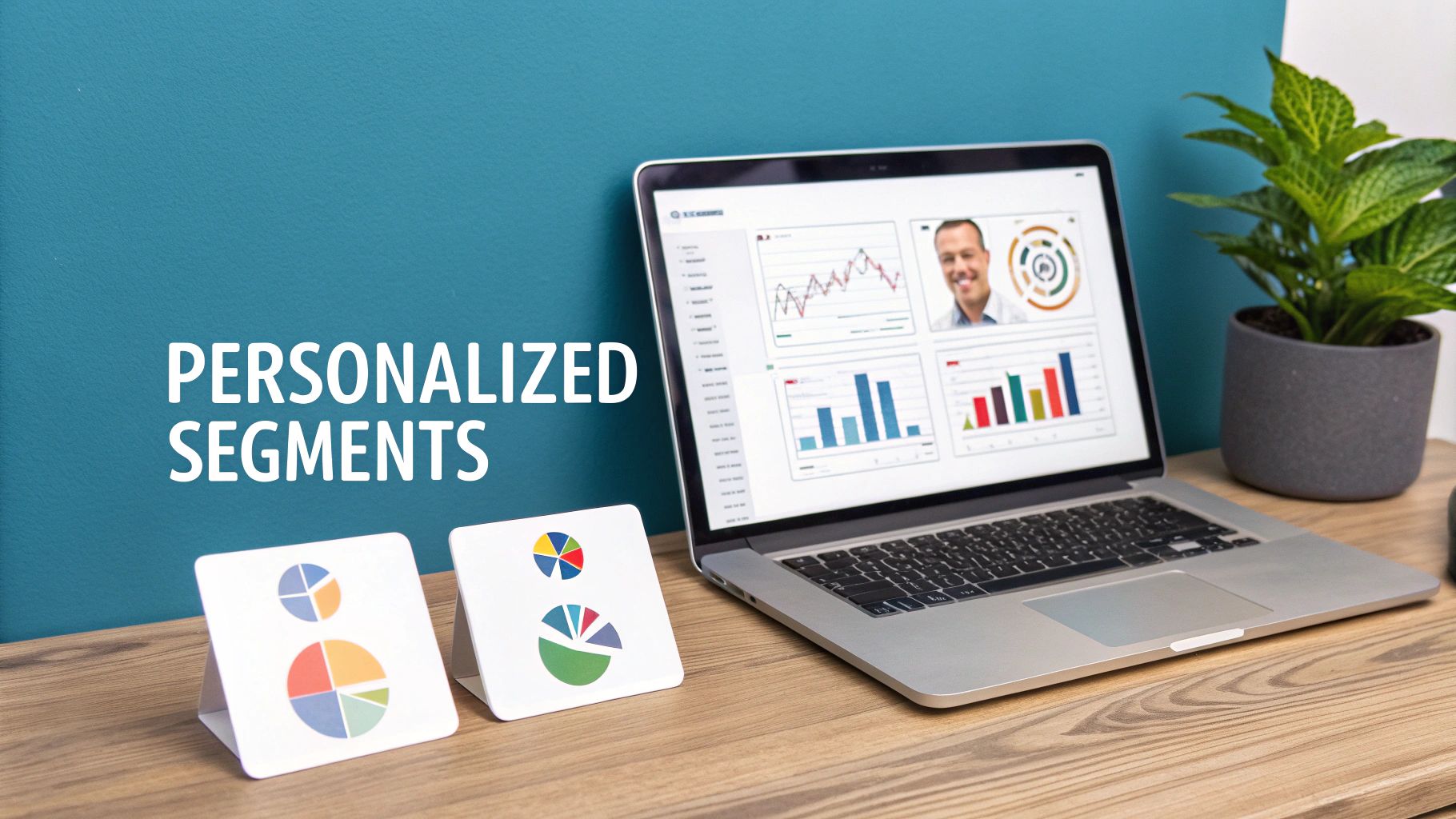 A laptop displays a business dashboard with charts and a man's photo, next to 'PERSONALIZED SEGMENTS' text and pie chart displays.