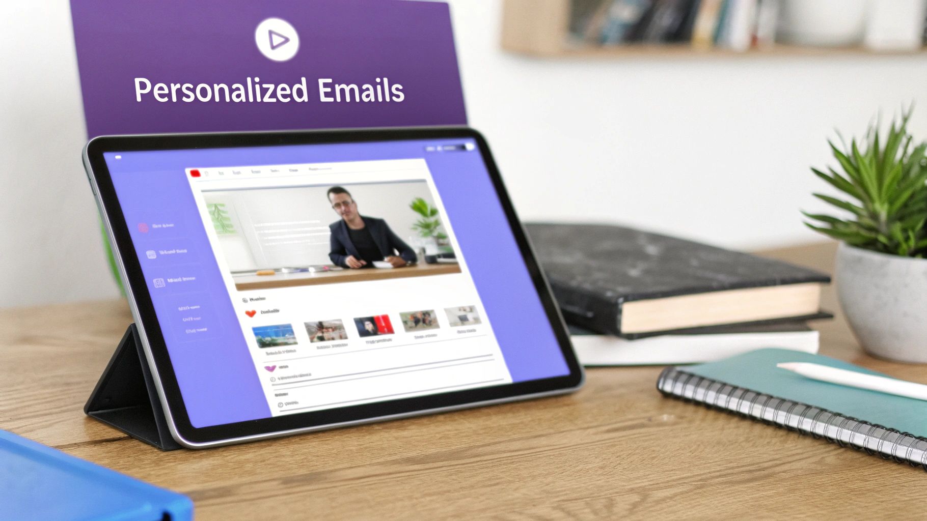 A tablet on a desk displaying an email interface with a video, next to a sign for personalized emails.