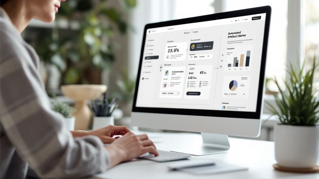 A person pointing at a screen showing a product demo video analytics dashboard