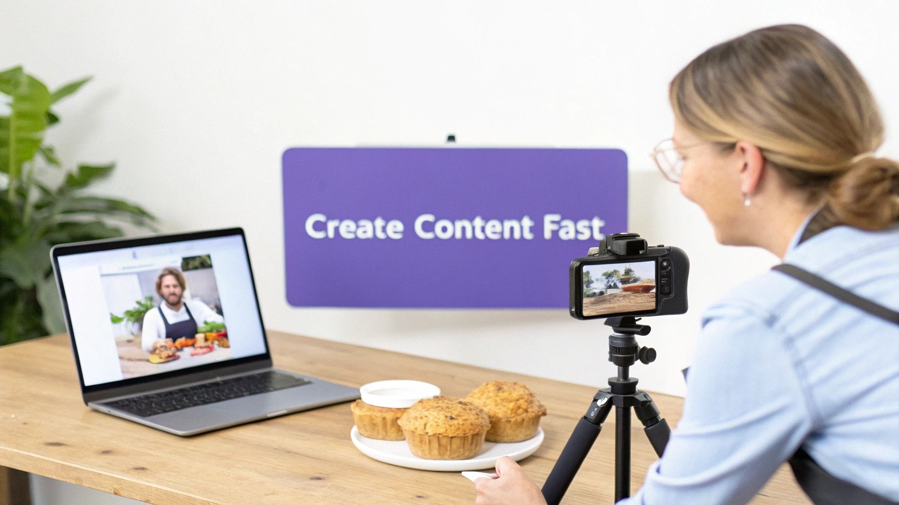 A woman films muffins with a camera on a tripod, next to a laptop displaying a chef, promoting fast content creation.