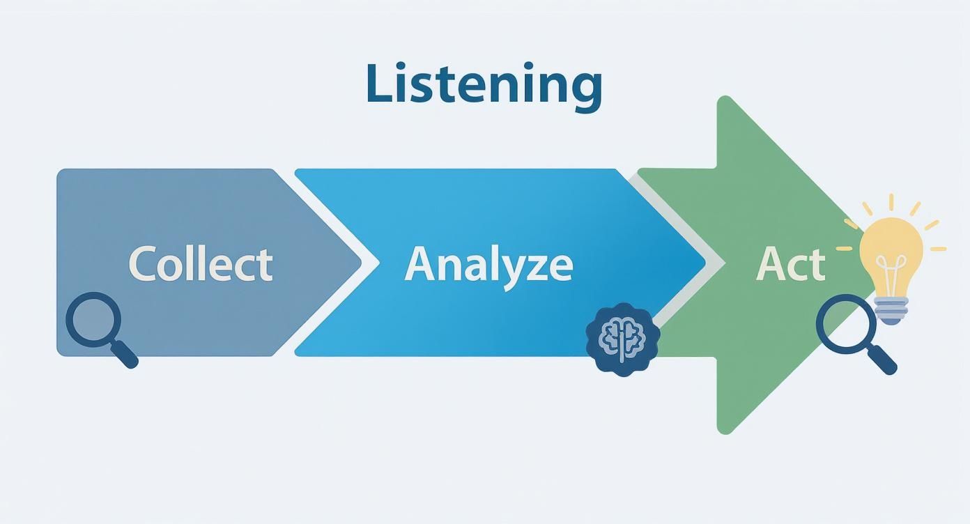 A diagram illustrating the listening process with steps: Collect, Analyze, Act, with relevant icons.