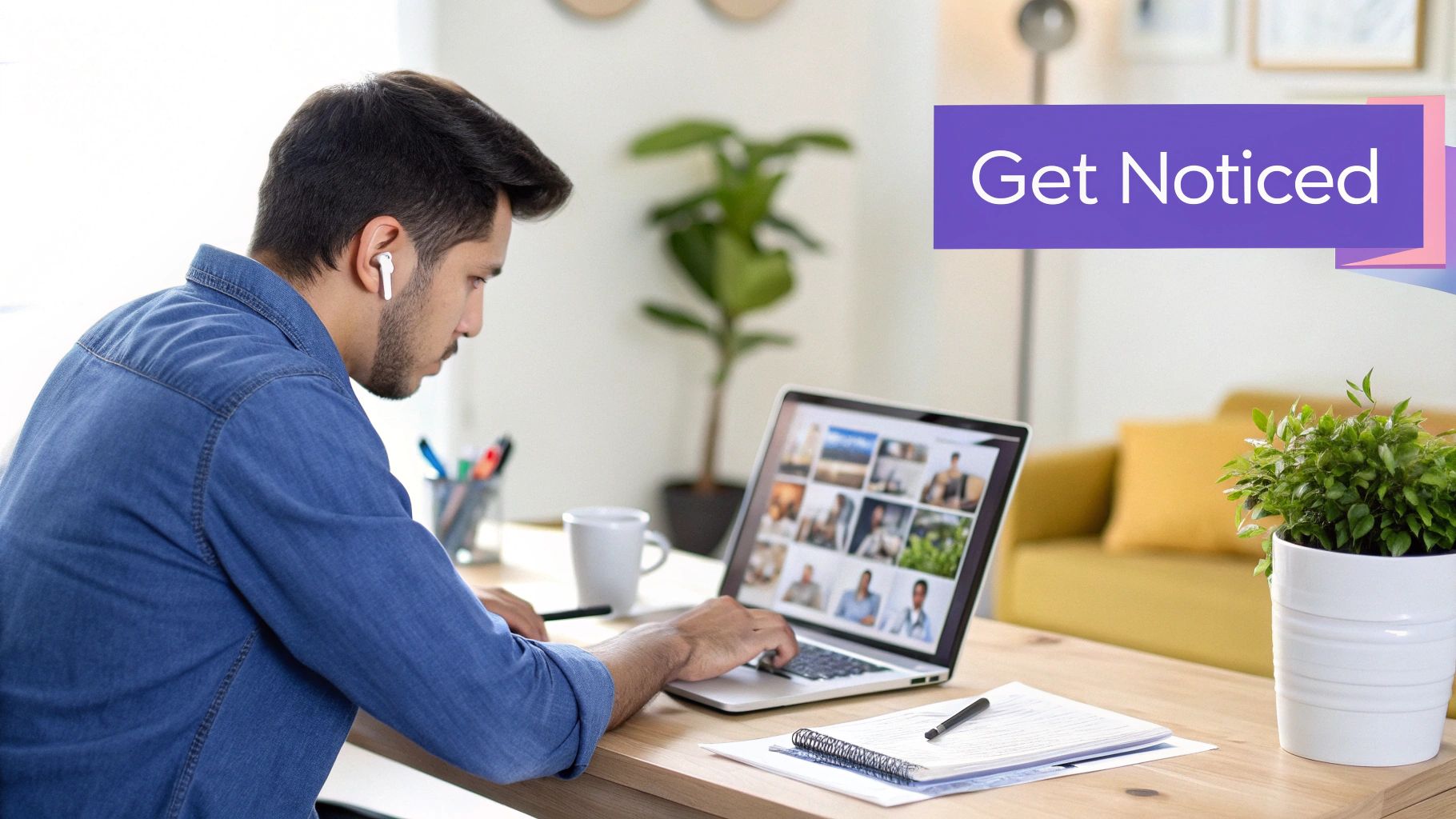 A young man with earbuds is focused on his laptop, displaying a photo grid, at a home office desk.