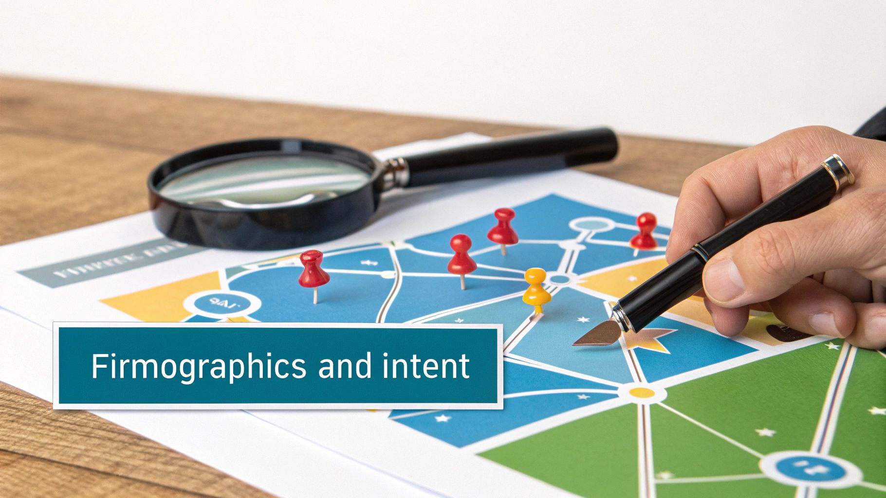 Hand pointing with a pen on a firmographics map with pushpins, next to a magnifying glass.