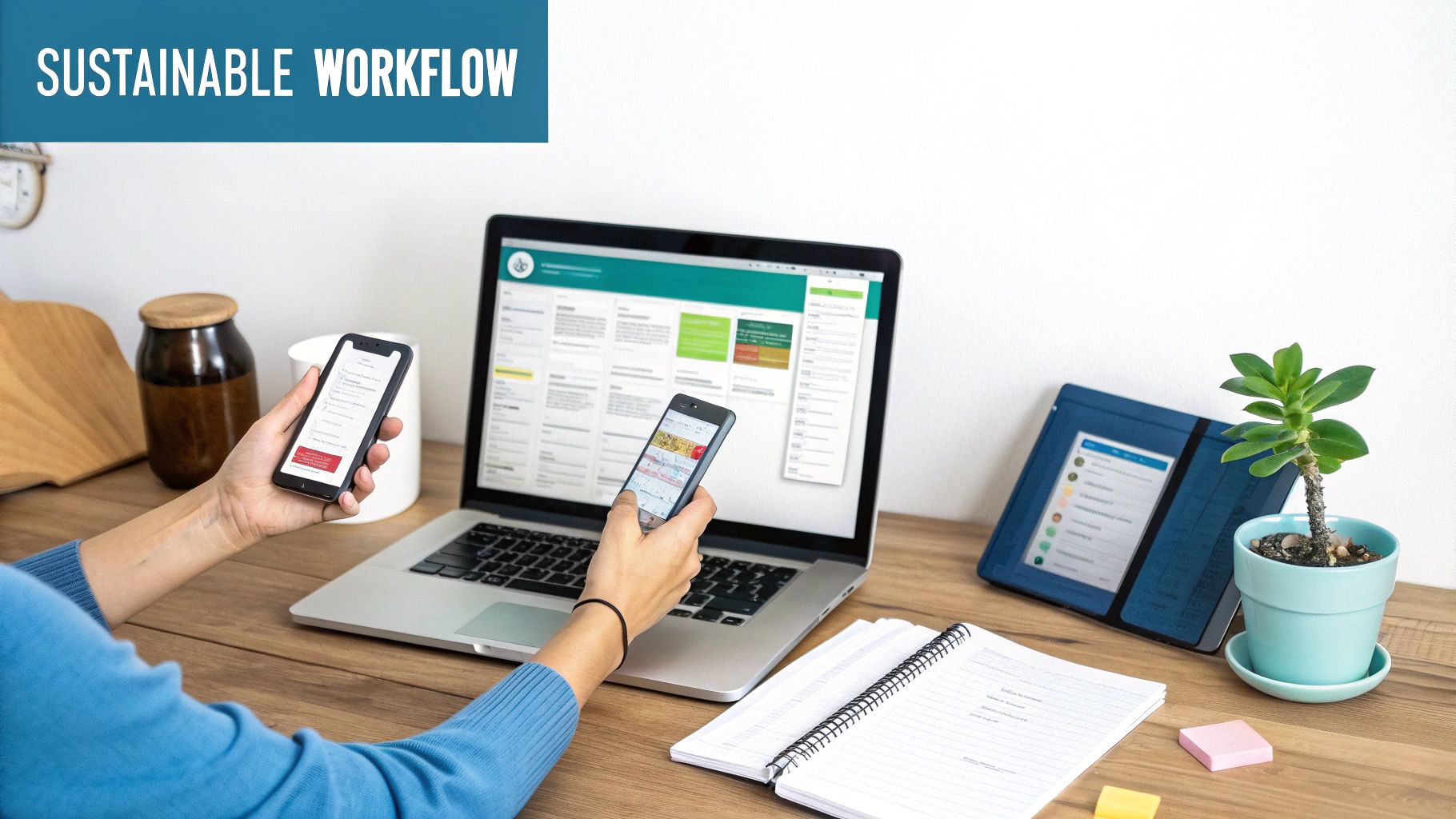 A desk with a laptop, notebook, and coffee, representing a structured and sustainable workflow.