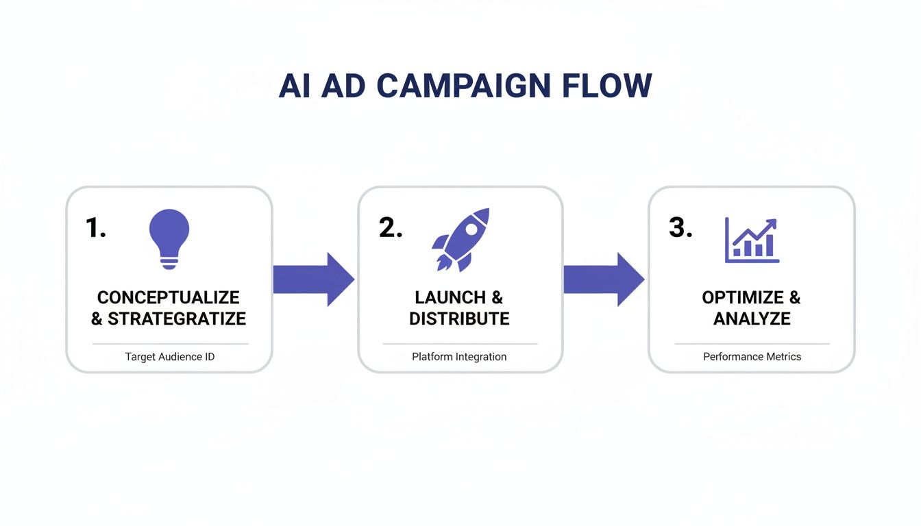 A three-step AI ad campaign flow diagram showing conceptualization, launch, and optimization stages.
