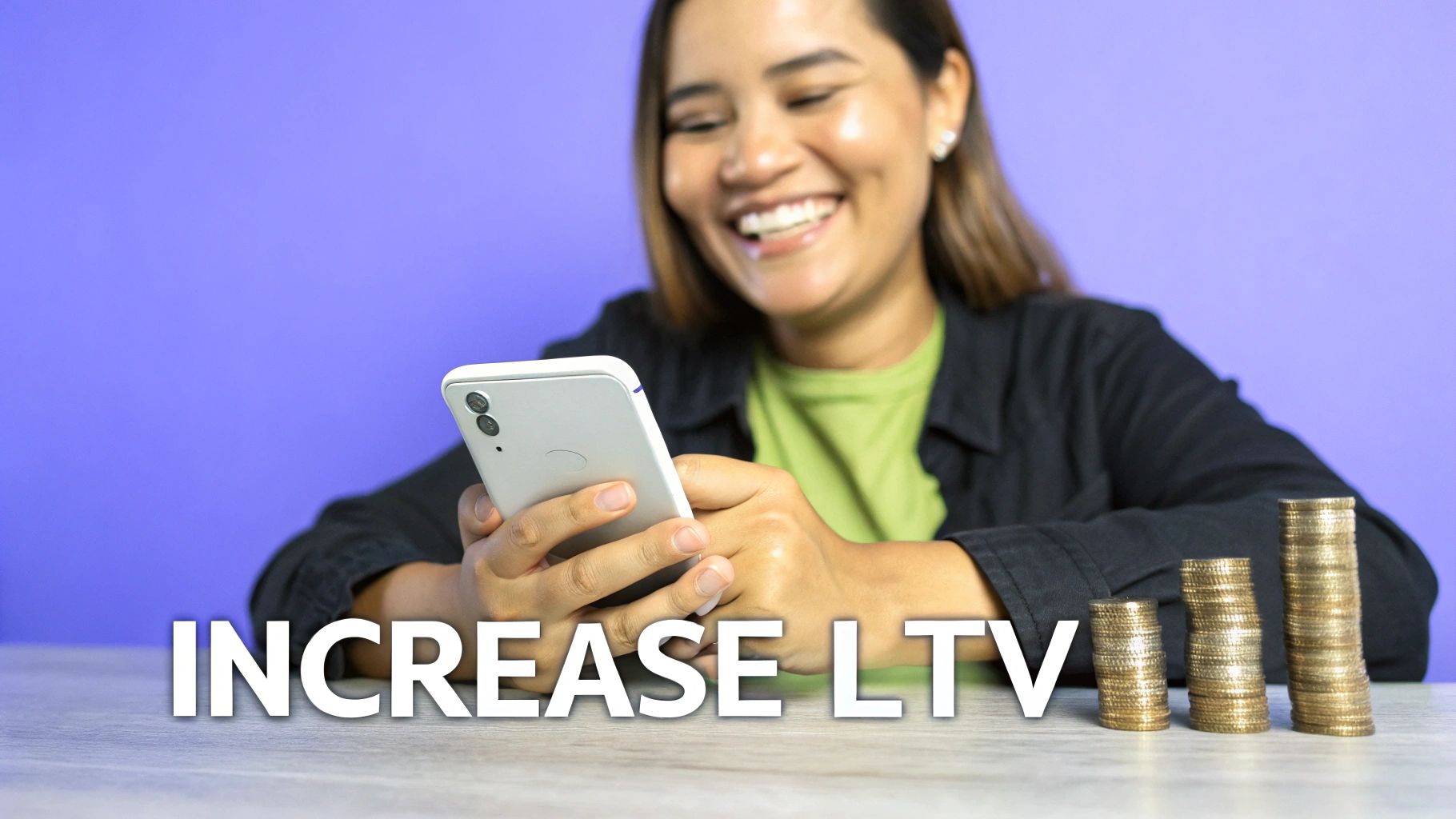 Smiling woman using smartphone with stacked coins showing increasing customer lifetime value growth
