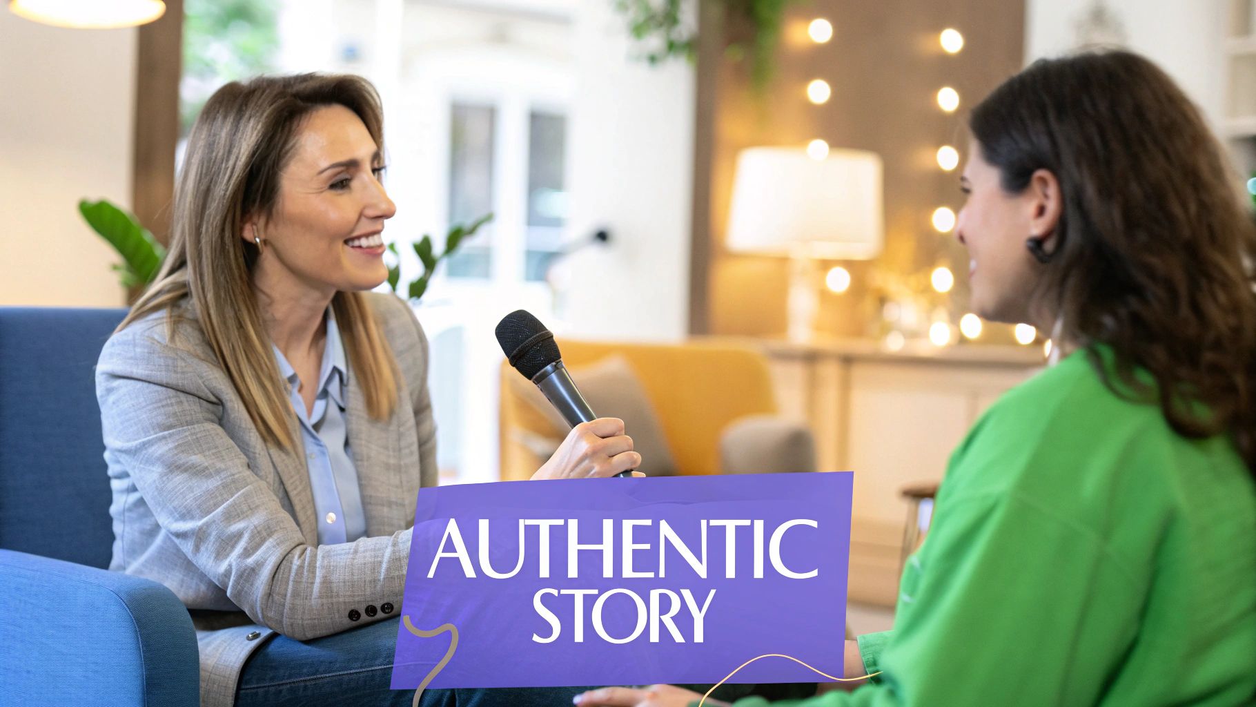 A person conducting a casual, friendly interview for a video testimonial