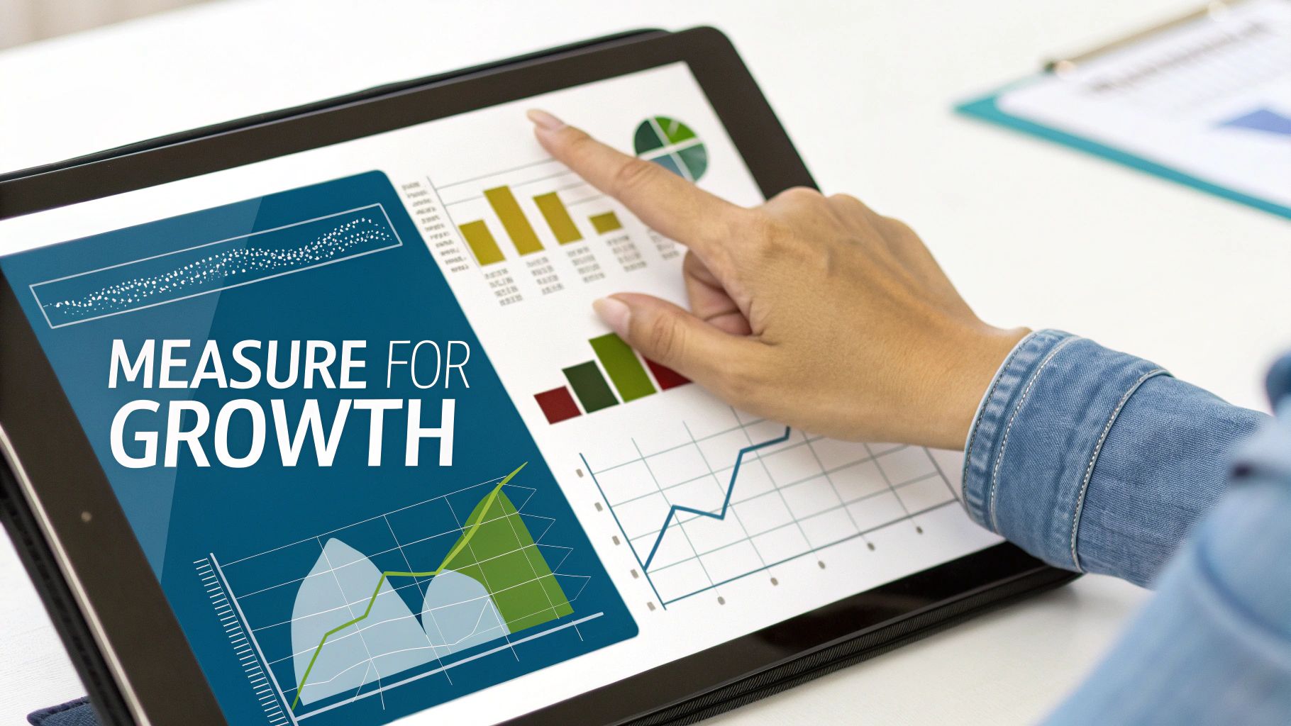 A person's hand touches a tablet displaying various charts, graphs, and the text 'MEASURE FOR GROWTH'.