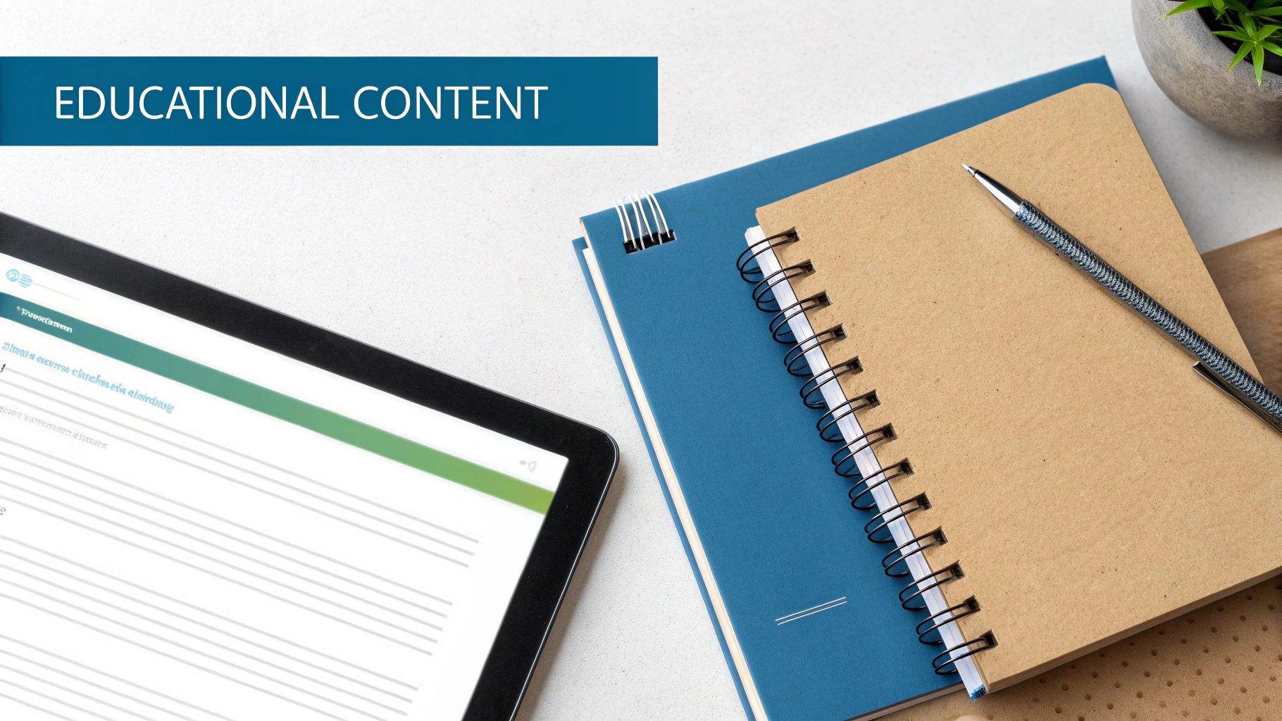 A tablet, two notebooks, and a pen on a desk, featuring 'EDUCATIONAL CONTENT' banner.