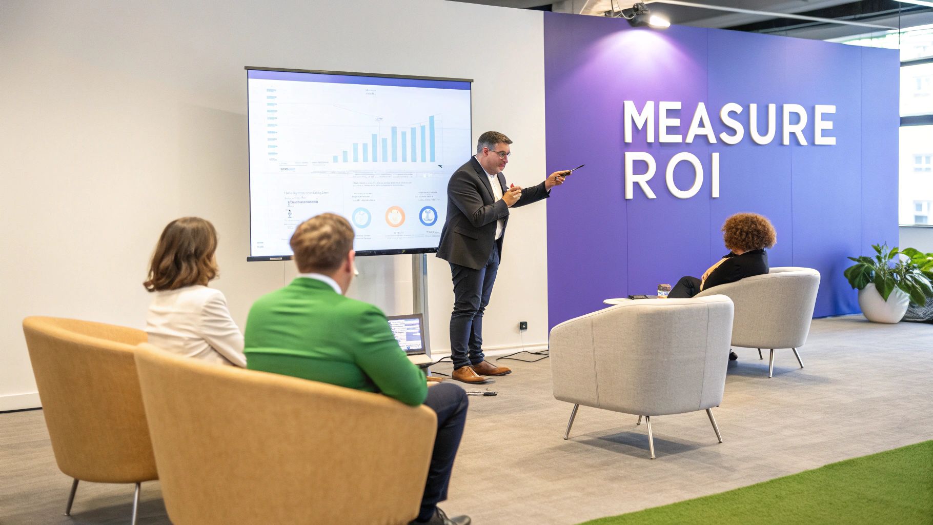 A man presents data on ROI to an audience in a modern office with a "MEASURE ROI" wall.