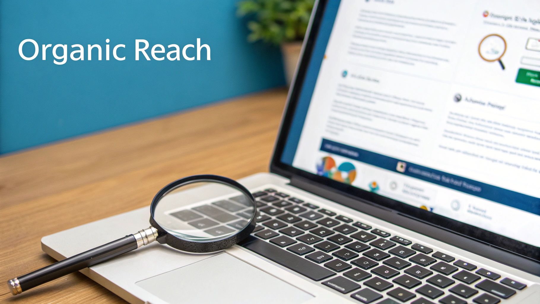 A magnifying glass rests on a laptop keyboard with 'Organic Reach' displayed on the screen, symbolizing SEO.