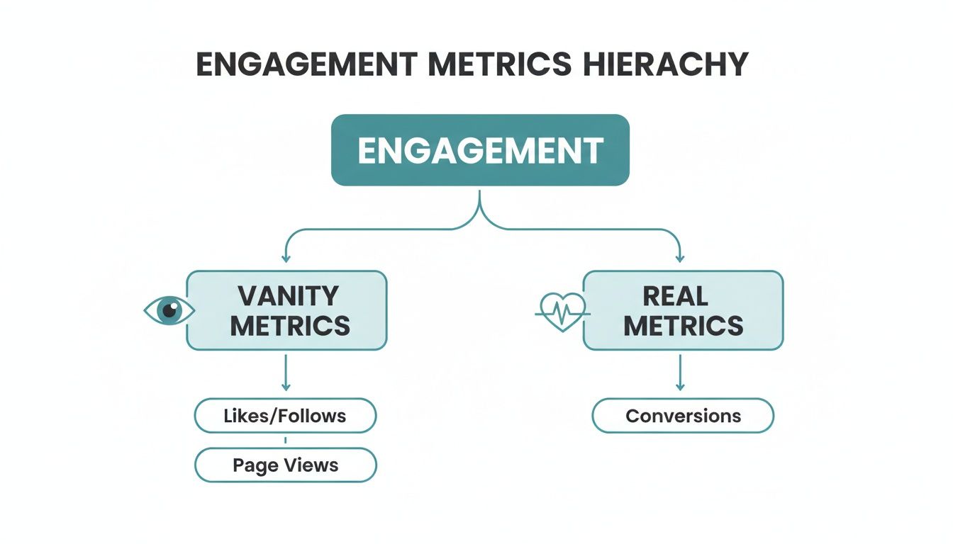 A flowchart illustrates the engagement metrics hierarchy, separating vanity metrics from real metrics.
