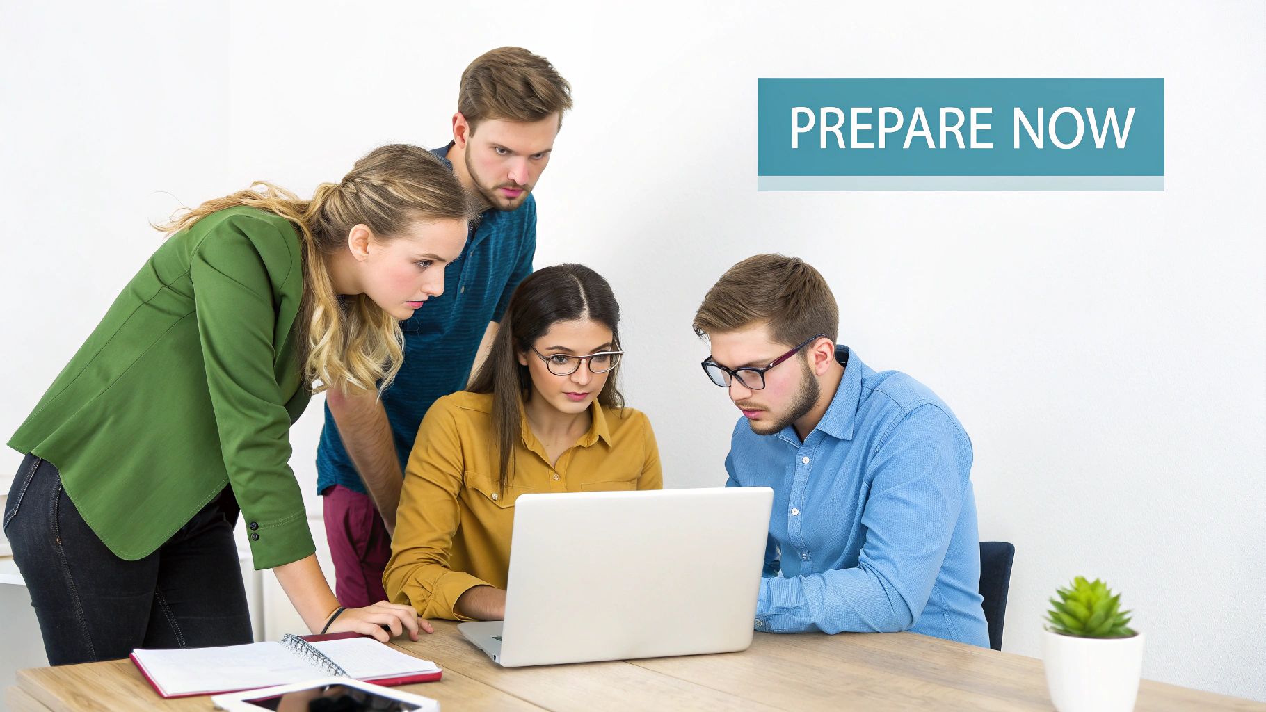 Four young adults collaborating around a laptop on a desk, with a 'PREPARE NOW' banner.