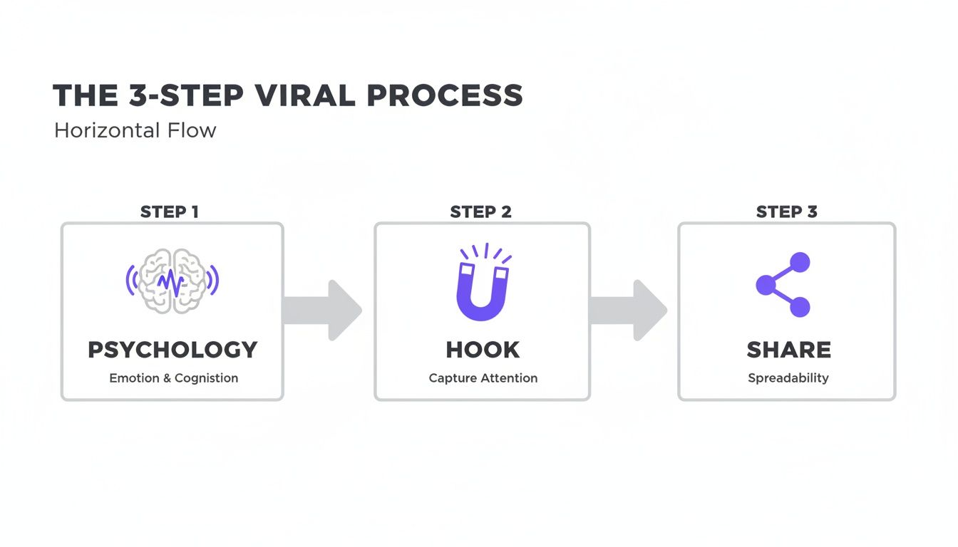 Diagram illustrating the 3-step viral process: Psychology, Hook, and Share, with brief descriptions.
