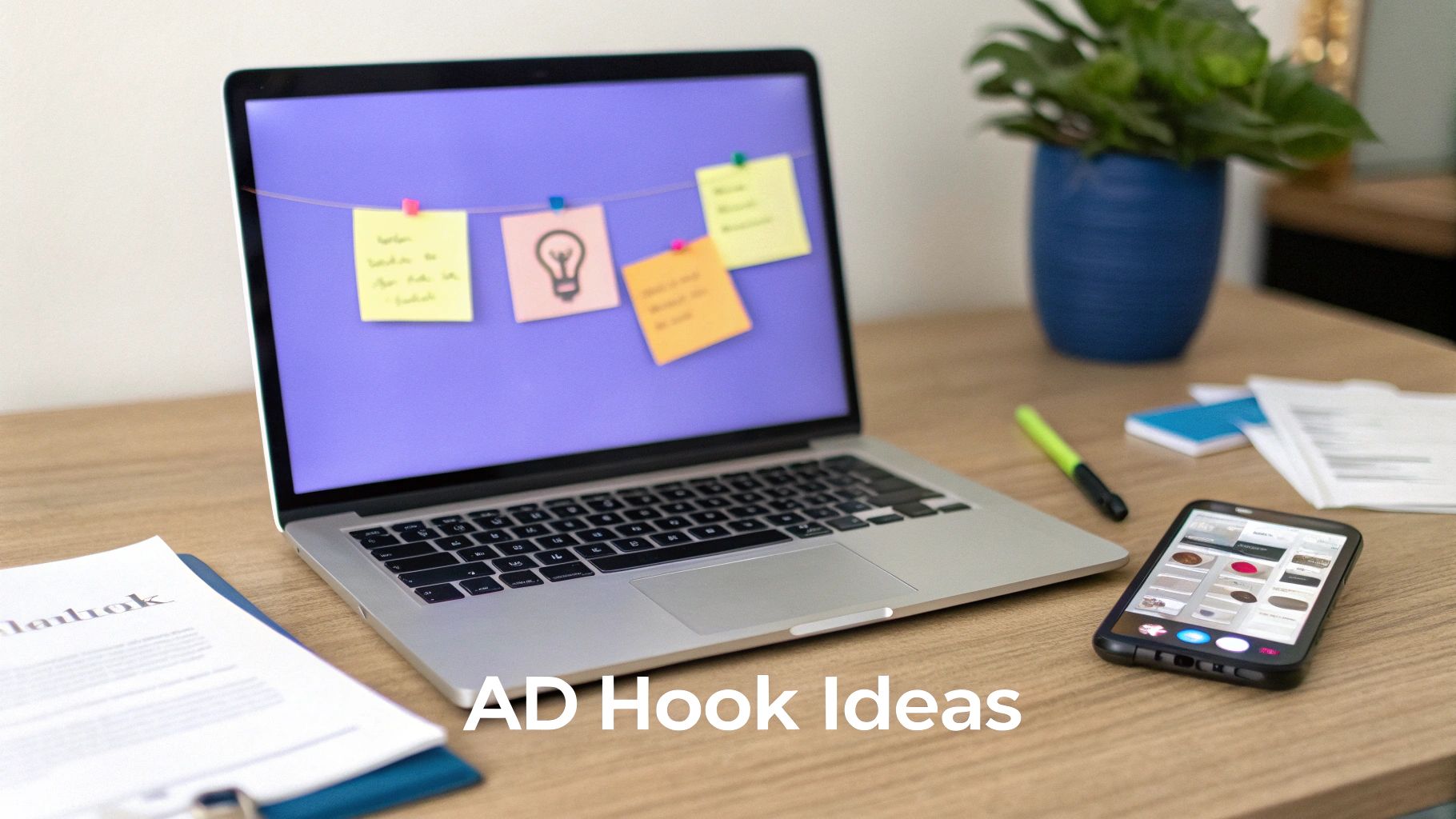 Modern workspace with a laptop displaying brainstorming sticky notes for 'AD Hook Ideas', a smartphone, and documents.