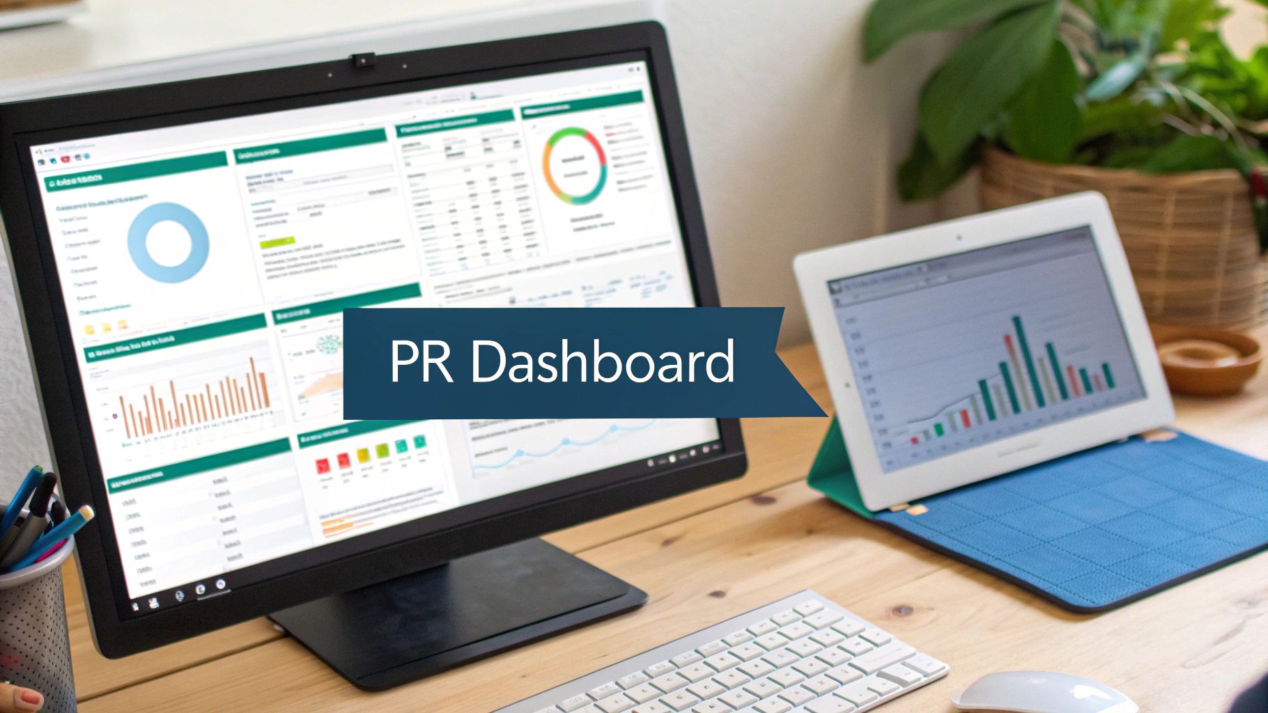 A professional workspace featuring a computer monitor displaying a detailed PR dashboard and a tablet with charts.