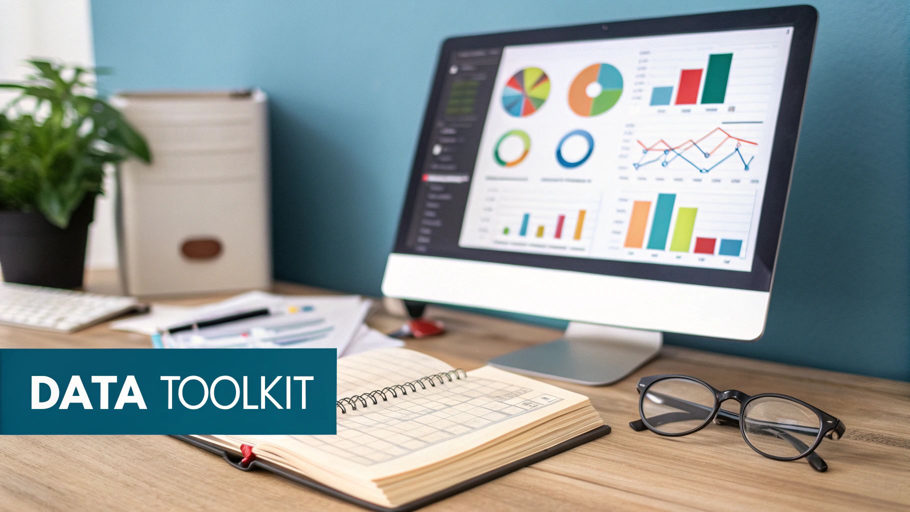 A computer monitor displays colorful data charts and graphs on a modern desk setup.