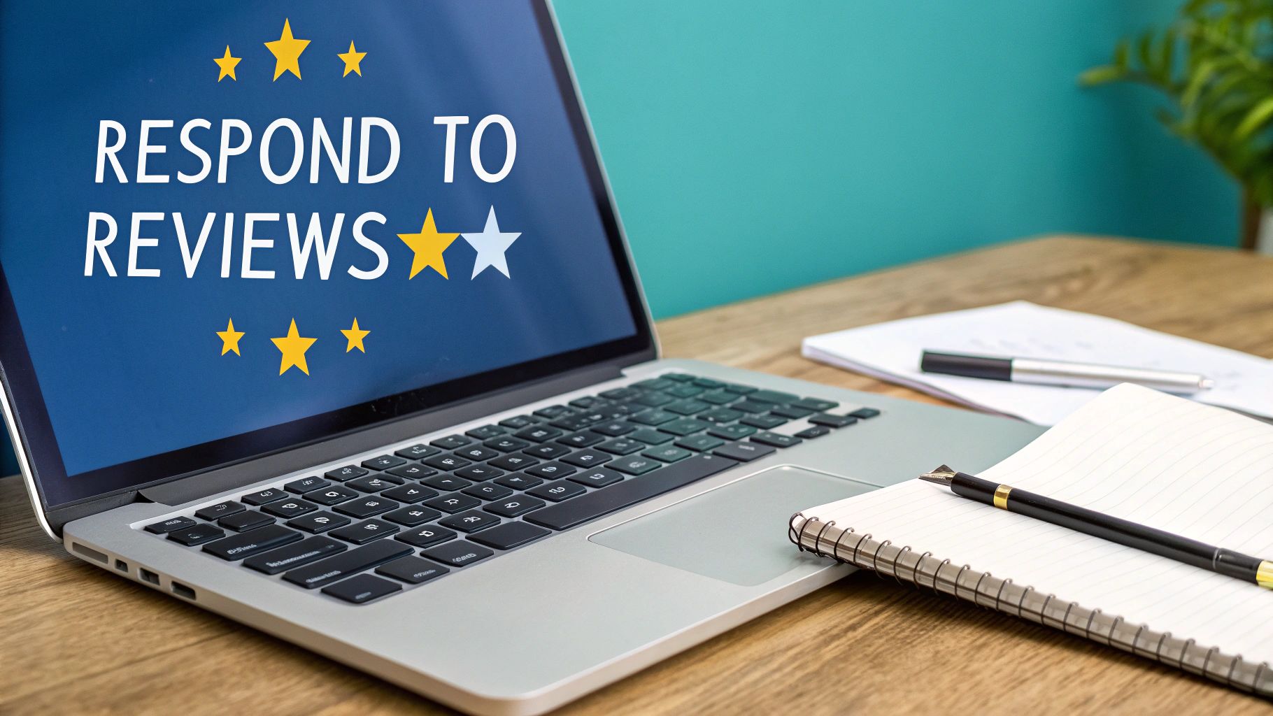 A person's hands typing a thoughtful response to a customer review on a laptop.