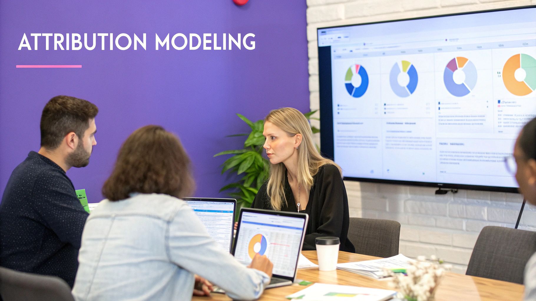 A group of marketers analyzing charts and graphs related to attribution modeling.