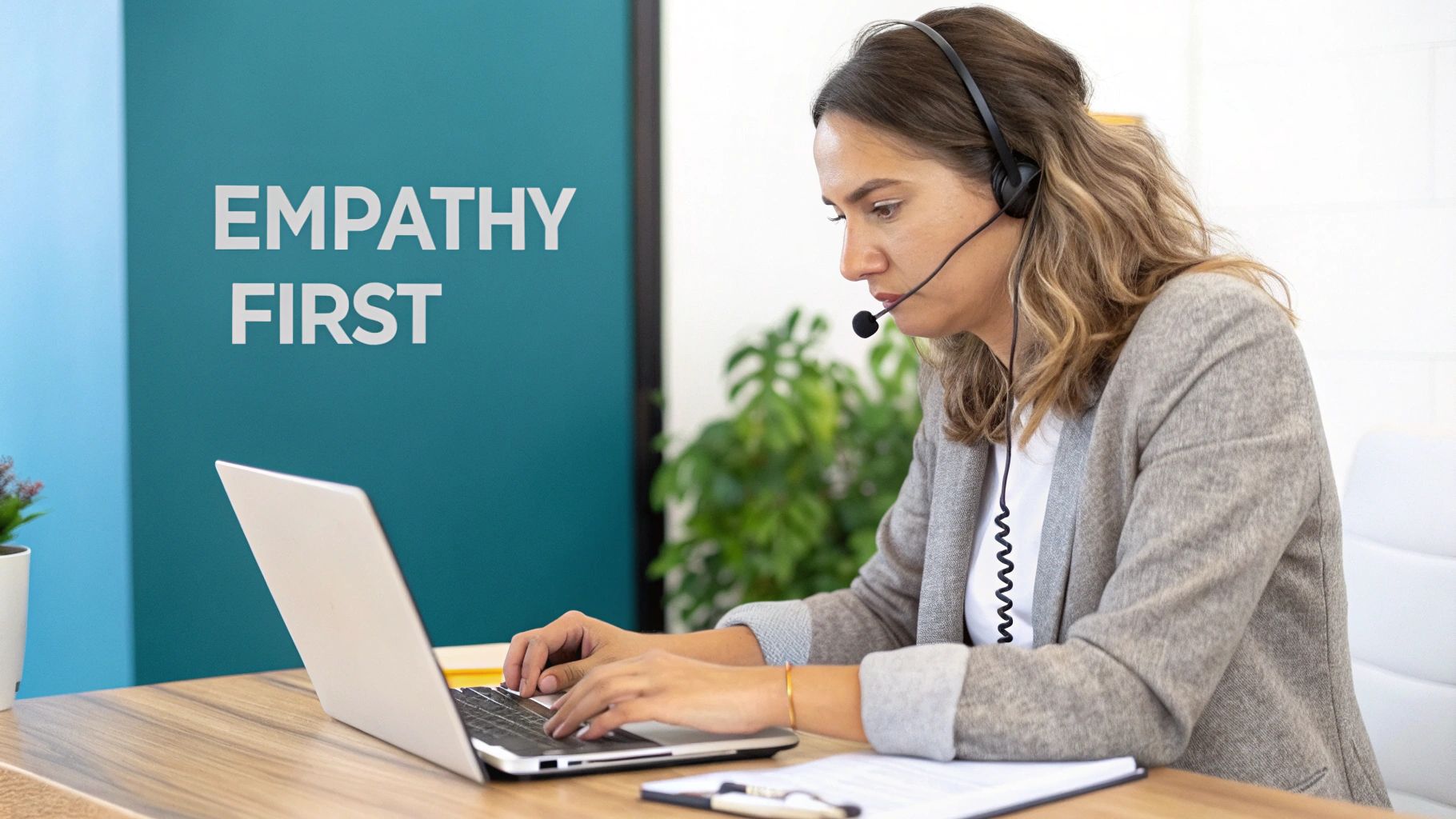 A person typing on a laptop, focusing on communication