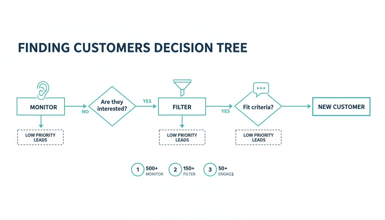 A flowchart diagram illustrating a customer acquisition decision tree, from monitoring leads to new customers.