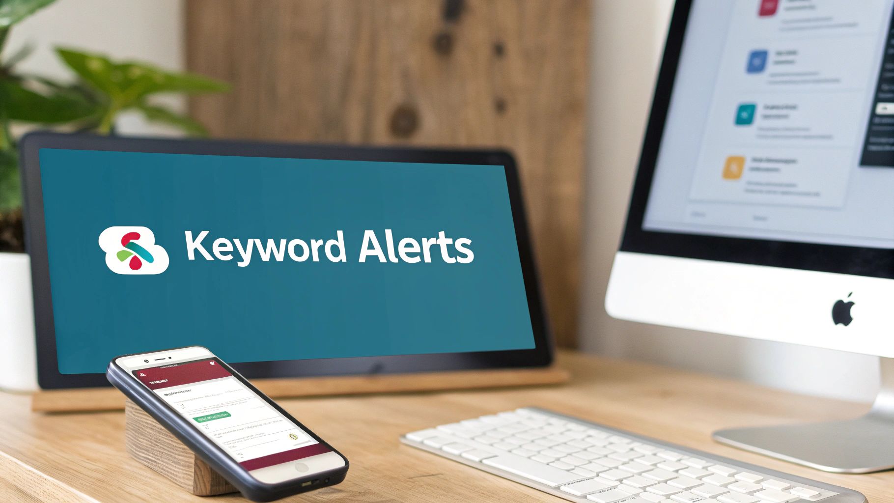 Keyword Alerts software displayed on laptop and smartphone screens in modern office workspace