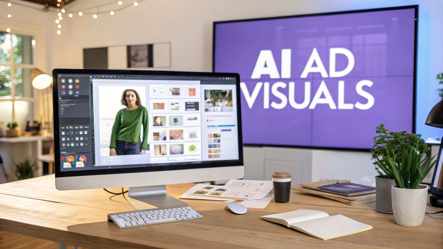Desk with computer displaying a woman's image and thumbnails, plus a large screen reading 'AI AD VISUALS'.