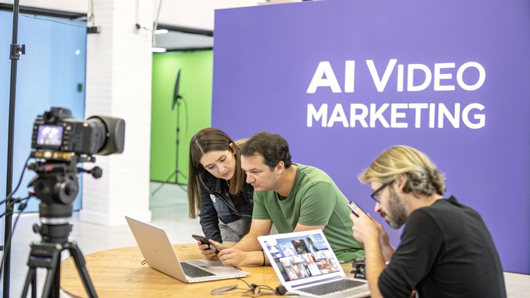 Three people collaborating on laptops and phones in a studio with an 'AI VIDEO MARKETING' banner.