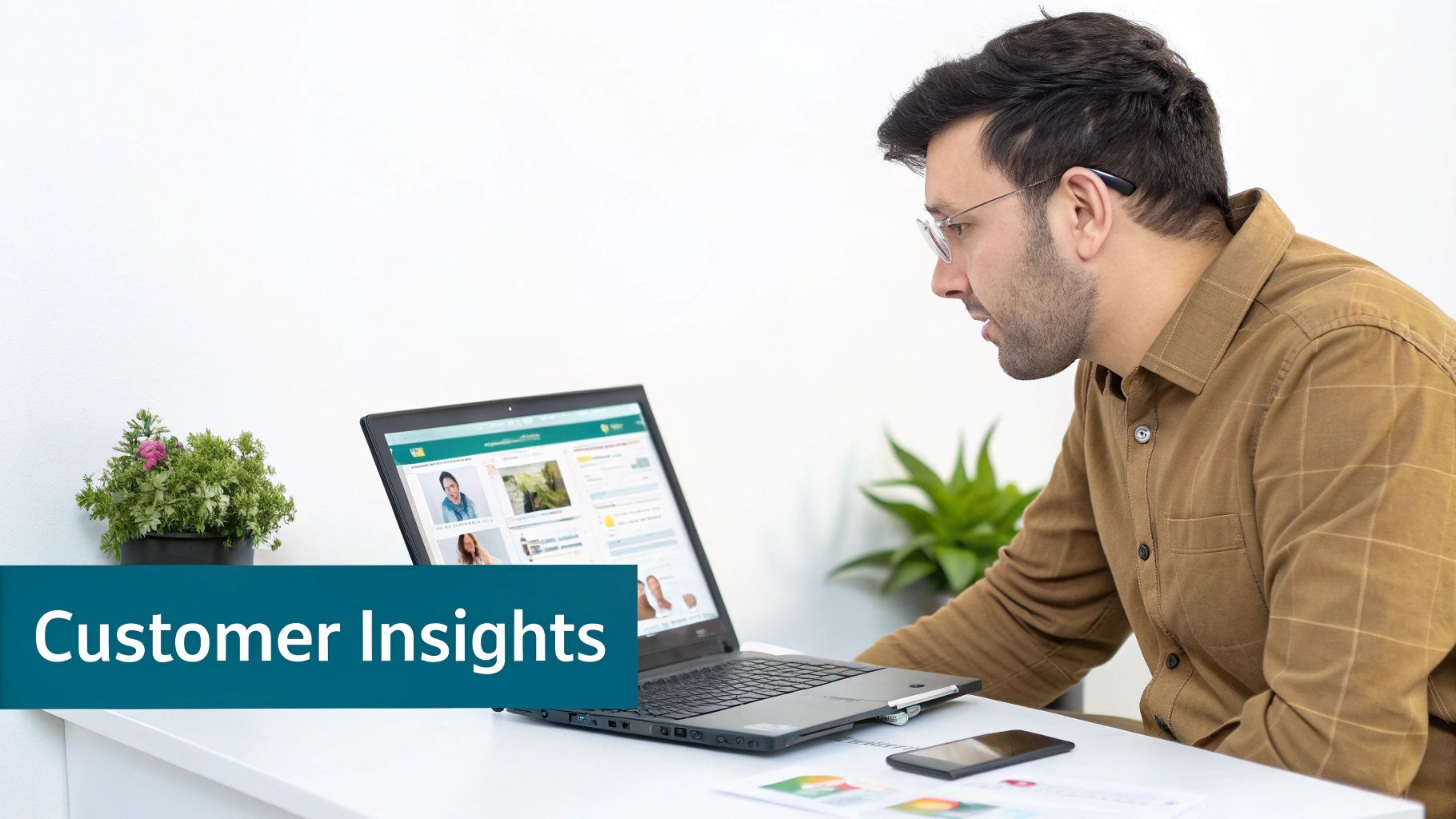 A man in glasses reviews customer insights on a laptop, analyzing profiles.