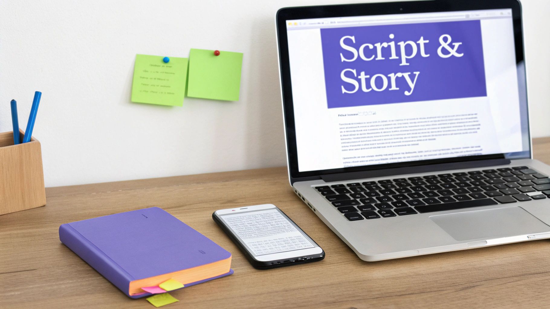 A creative workspace with a laptop showing 'Script & Story', a smartphone, and a purple notebook.