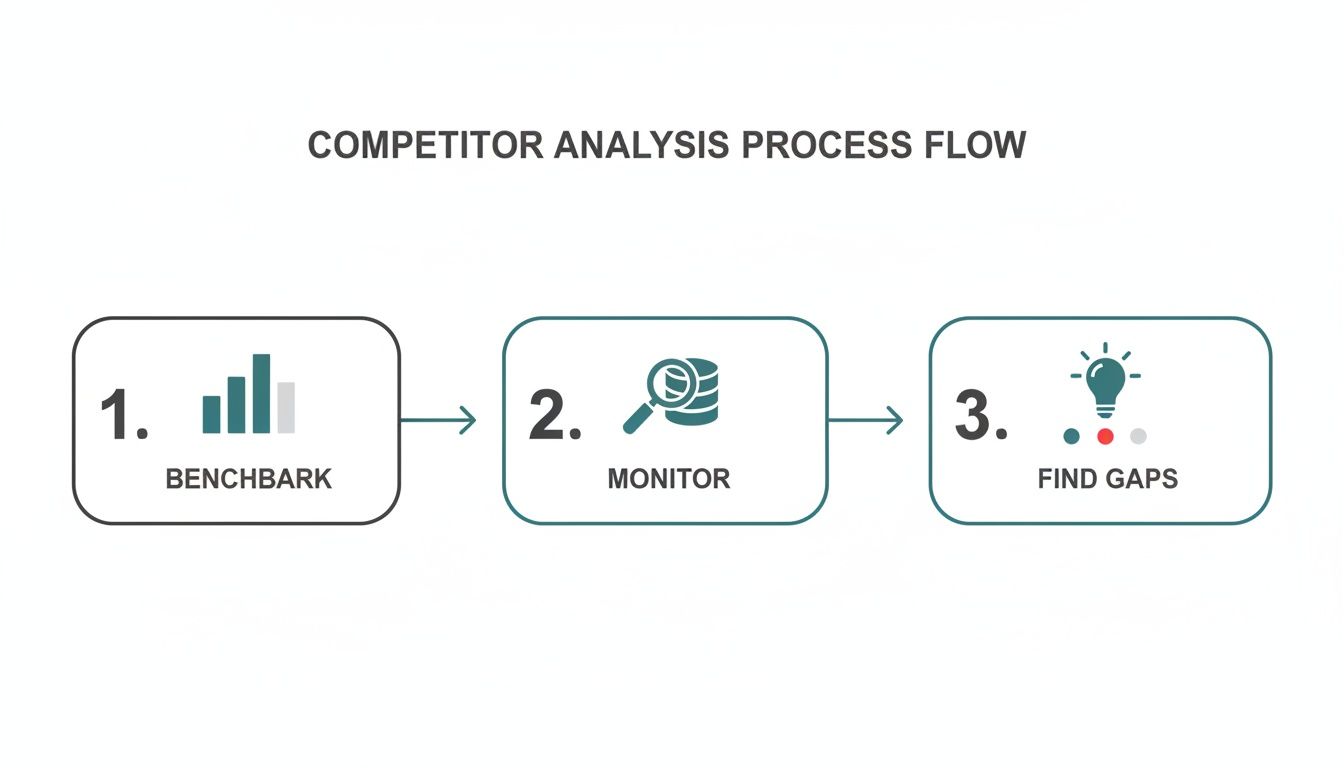 A process flow diagram outlines the three steps of competitor analysis: benchmark, monitor, and find gaps.